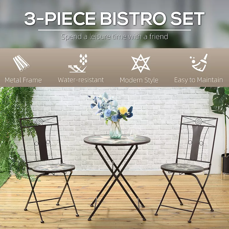 Outsunny 3 Piece Outdoor Patio Dining Bistro Set， 2 Folding Chairs， 8 Pointed Star Mosaic Folding Center Table for Garden， Poolside， Porch