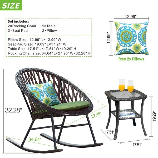 OVIOS 3piece Patio Rocking Chair Bistro Set with Glass Coffee Table