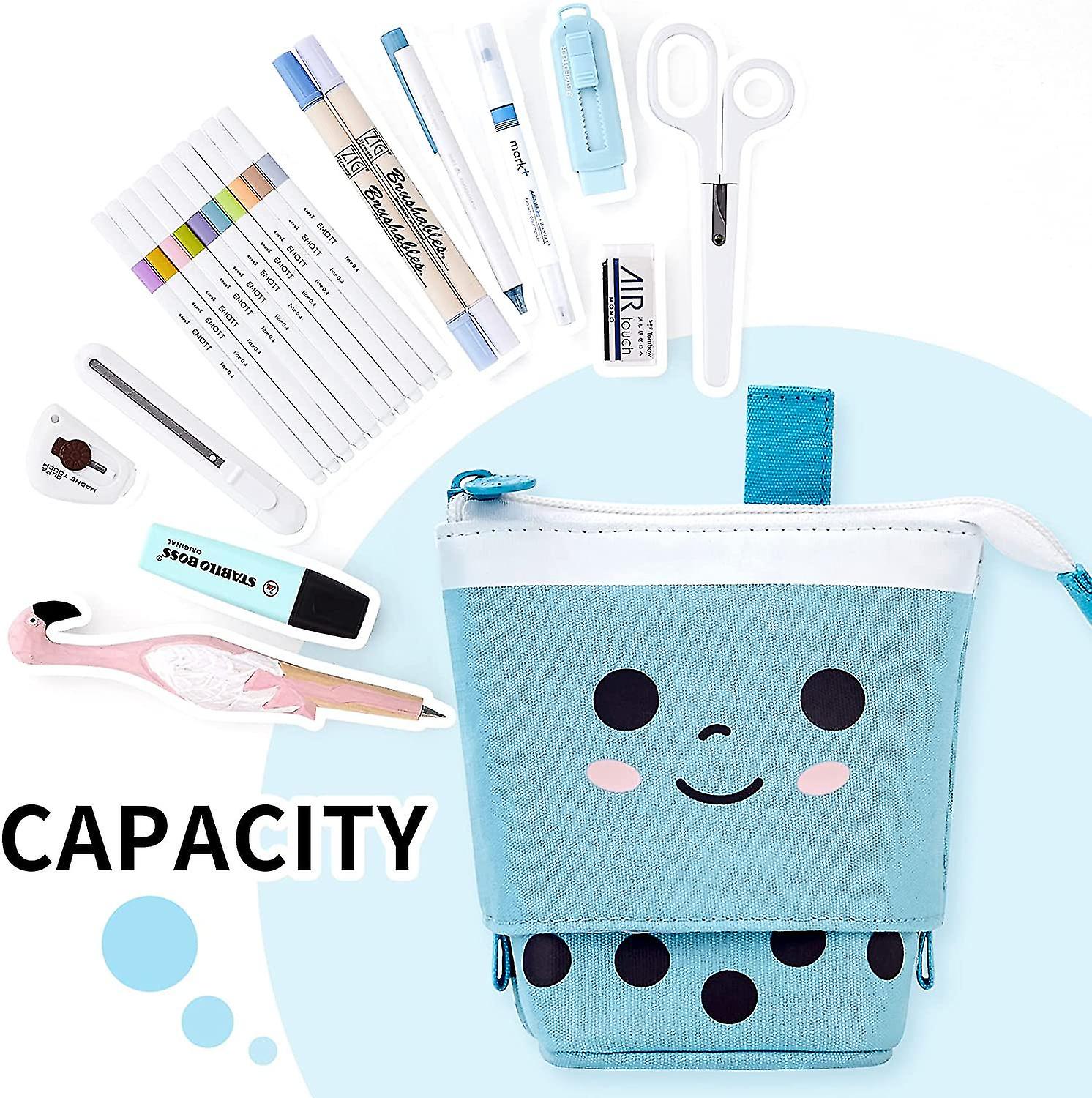 Veeki Cute Pen Pencil Telescopic Holder Pop Up Stationery Case，blue Standing Pencil Case  For School Students Office Women Teens Girls Boys