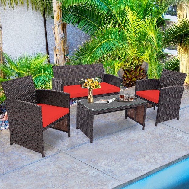 Tangkula 8pcs Outdoor Patio Furniture Sets Weather resistant Rattan Sofas W Soft Cushion Red