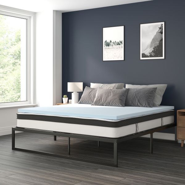 Leo 14 Inch Metal Platform Bed Frame with 10 Inch Pocket Spring Mattress in a Box and 3 inch Cool Gel Memory Foam Topper - King