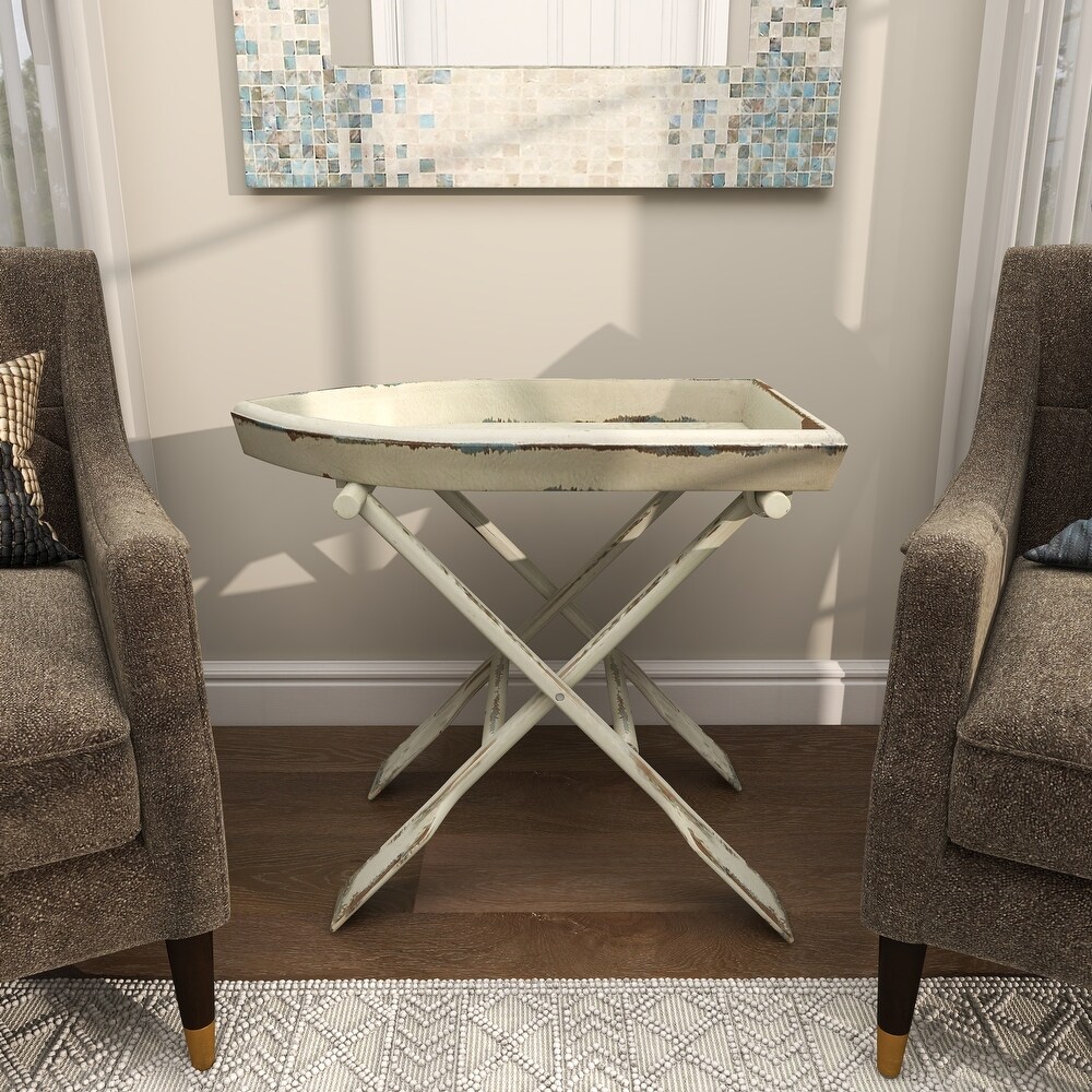 White Wood Coastal Accent Table with Oar Inspired Legs