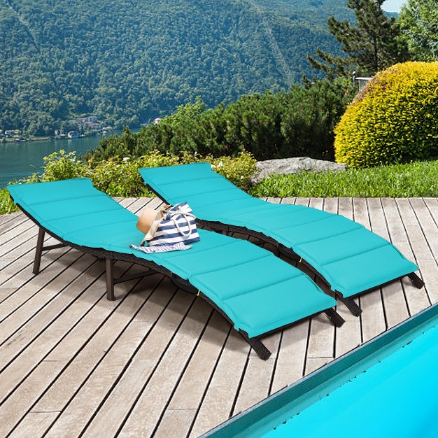 Tangkula 2pcs Outdoor Patio Rattan Wicker Lounge Chair Chaise Folding W cushions Turquoise