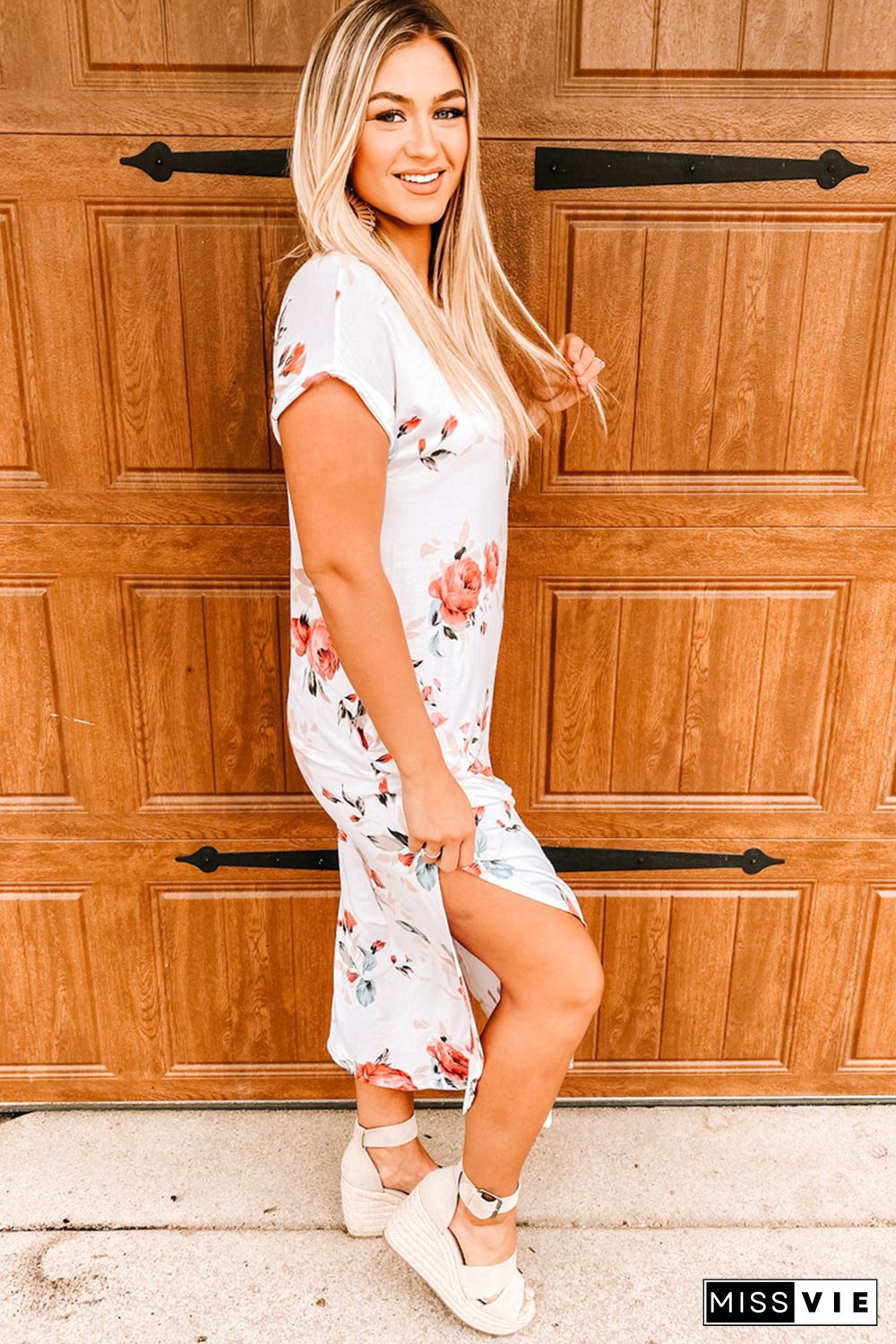 White Floral Print Side Slits T Shirt Dress