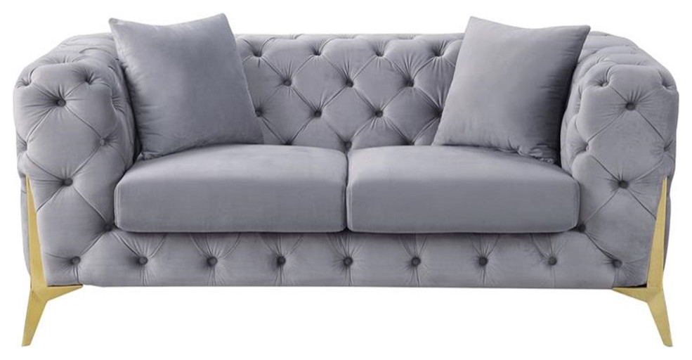 ACME Jelanea Velvet Tufted Upholstery Loveseat with 2 Pillows in Gray and Gold   Midcentury   Loveseats   by Homesquare  Houzz