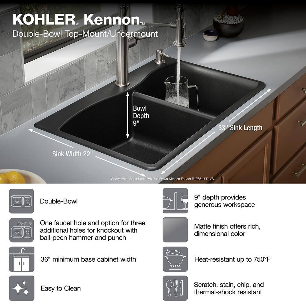 KOHLER Kennon 33 in. Drop-in 6040 Double Bowl Neoroc Granite Composite 1-Hole Kitchen Sink in Matte Black K-RH28002-1-CM1