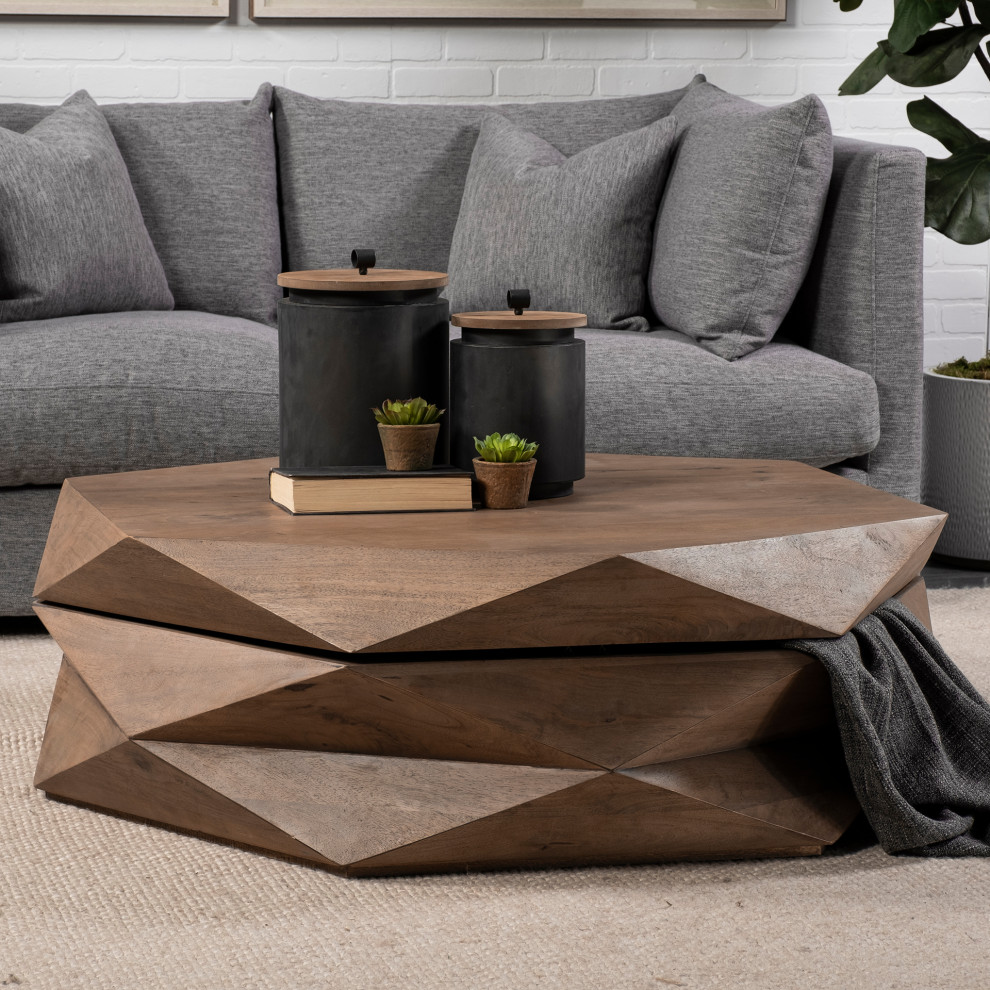 Arreto Medium Brown Solid Wood w/Storage Hexagonal Coffee Table   Transitional   Coffee Tables   by Mercana  Houzz