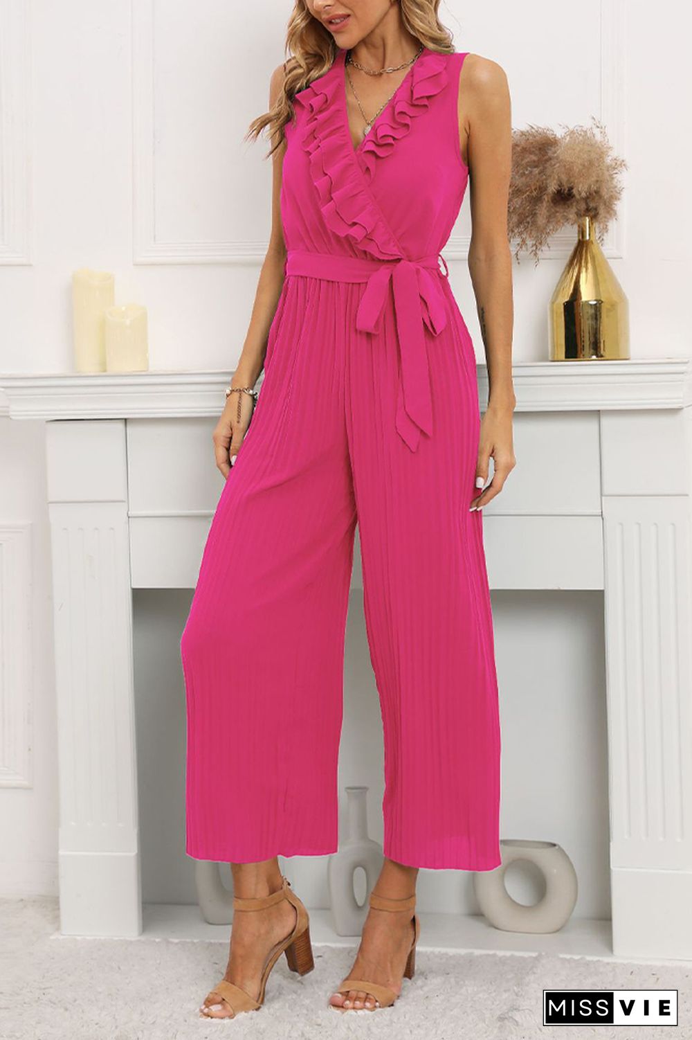 V Neck Ruffles Pleated Sleeveless Jumpsuit