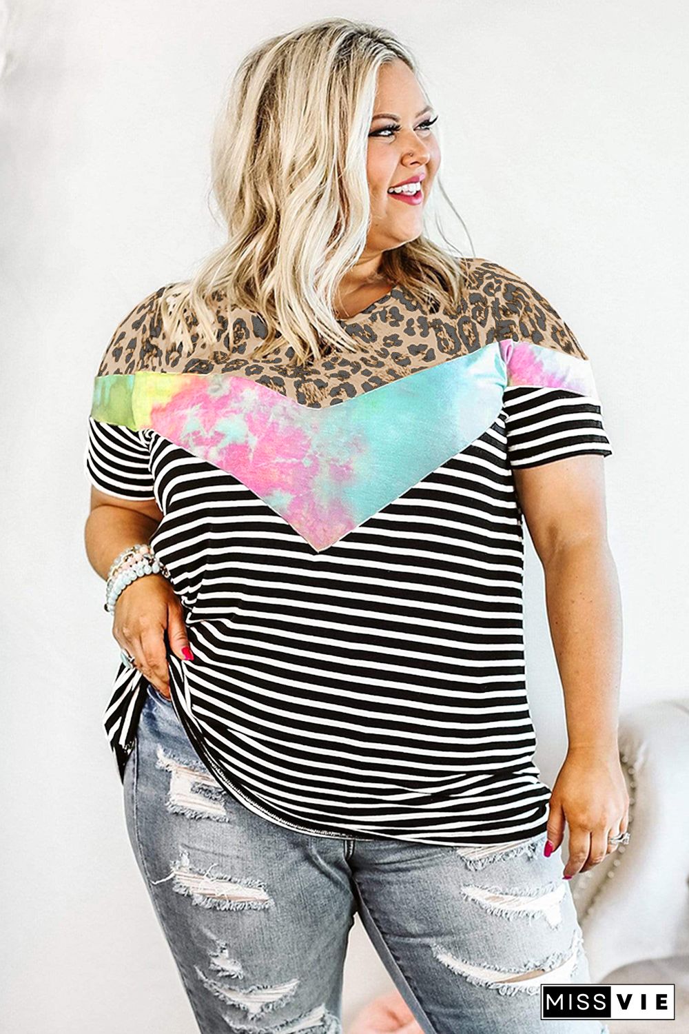 Crew Neck Mix Prints Plus Size T-shirt