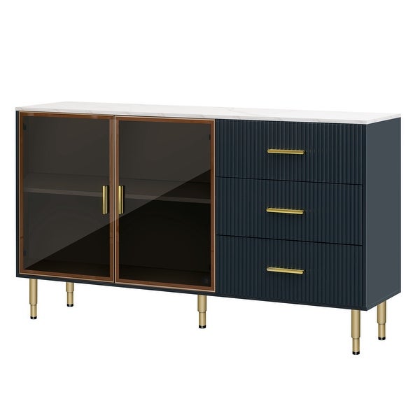 Modern Sideboard MDF Buffet Cabinet Marble Sticker Tabletop and Amber-yellow Tempered Glass Doors with Gold Metal Legs