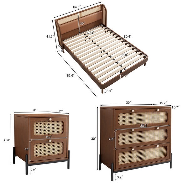 3-Piece Queen Bedroom Sets w/Rattan Platform Bed， Nightstand and Chest - - 37927426