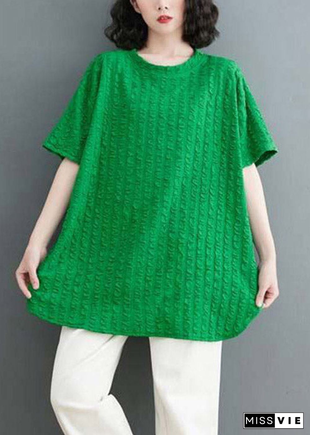 Plus Size Green O-Neck Wrinkled Cotton Top Short Sleeve