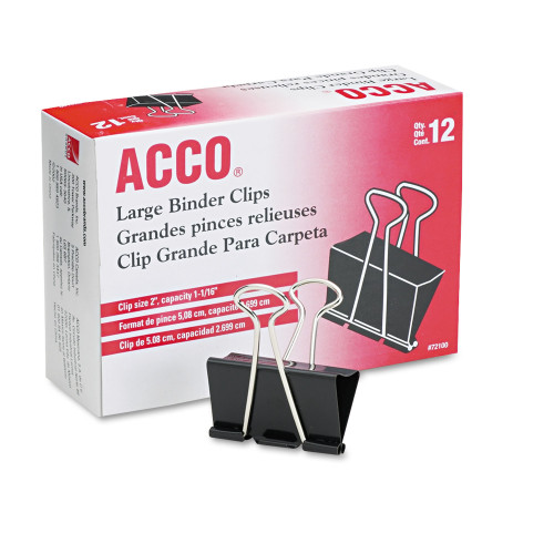 Acco Binder Clips， Large， Black/Silver， Dozen (72100)