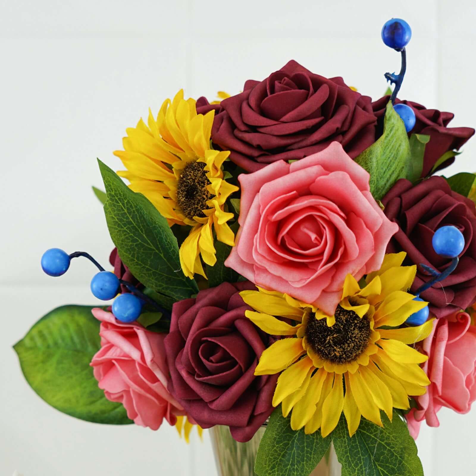 34 Pcs Artificial Rose, Silk Sunflower and Blueberry Stems Mix Flower Box - Burgundy/Pink