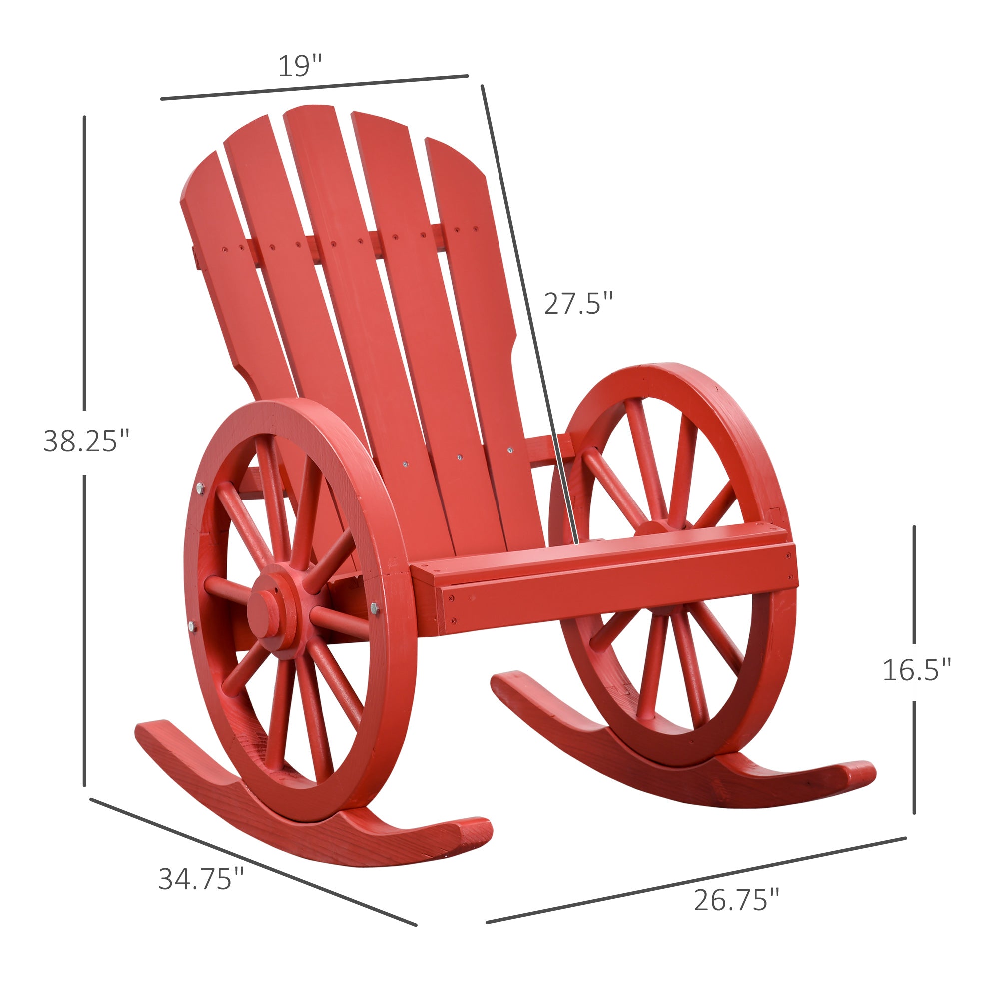 Outsunny Wooden Rocking Chair, Adirondack Rocker Chair w/ Slatted Design, and Oversize Back, Outdoor Rocking Chairs with Wagon Wheel Armrest for Porch, Poolside, and Garden, Red