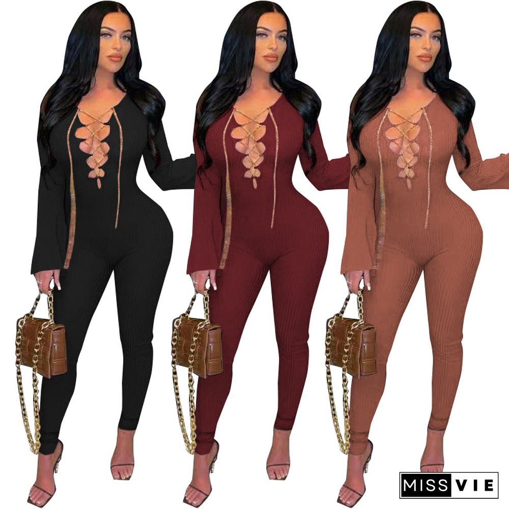 Hollow Out Bandage Flare Sleeve Rib Knit Jumpsuits