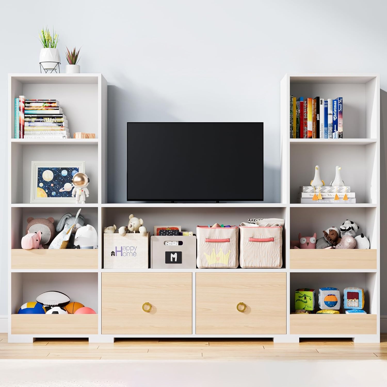 Combination Bookshelf U-Shaped Storage Shelf with 9 Cubes and 2 Drawers