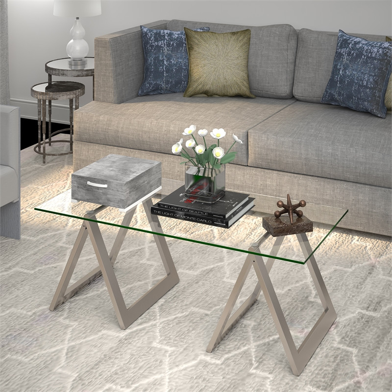 Pemberly Row Metal Nickel and Gray Sawhorse Legged Coffee Table   Contemporary   Coffee Tables   by Homesquare  Houzz