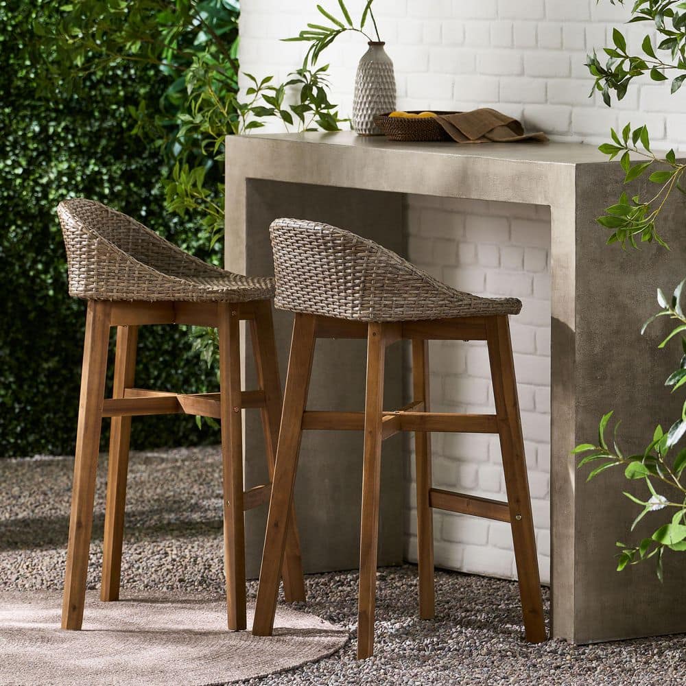 Noble House Borah Wood and Wicker Outdoor Bar Stool (2-Pack) 109362