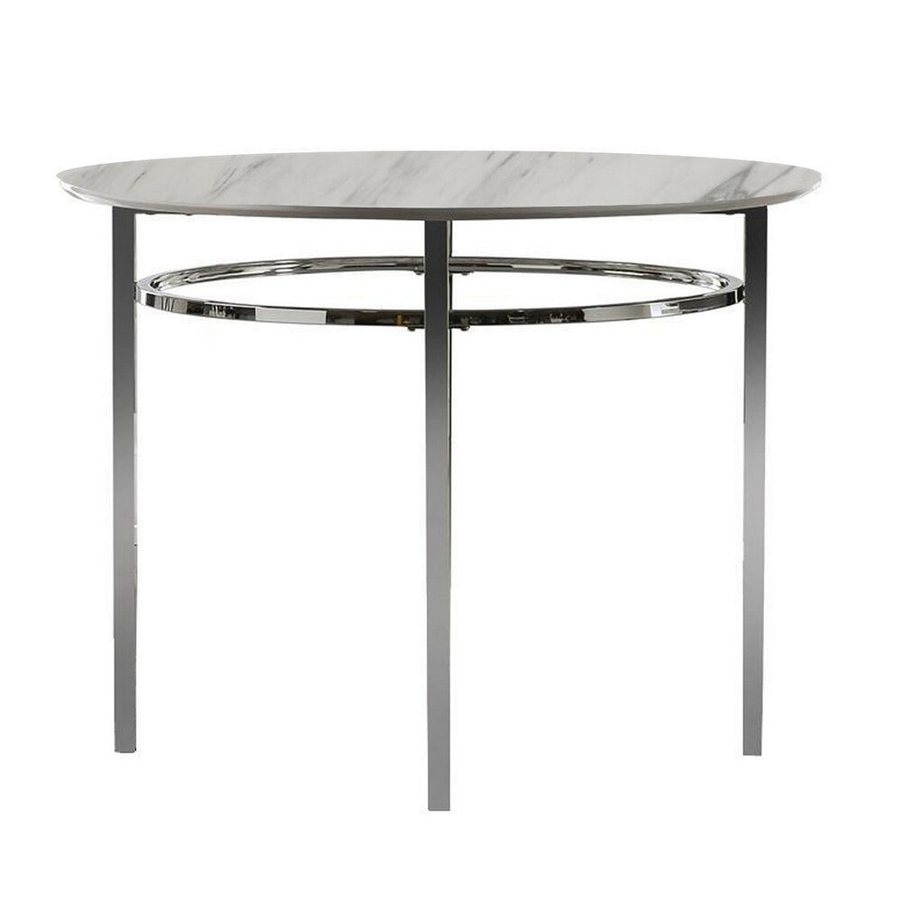 Contemporary Round Dining Table with Faux Marble Top  White and Chrome   39 L x 39 W x 30.25 H