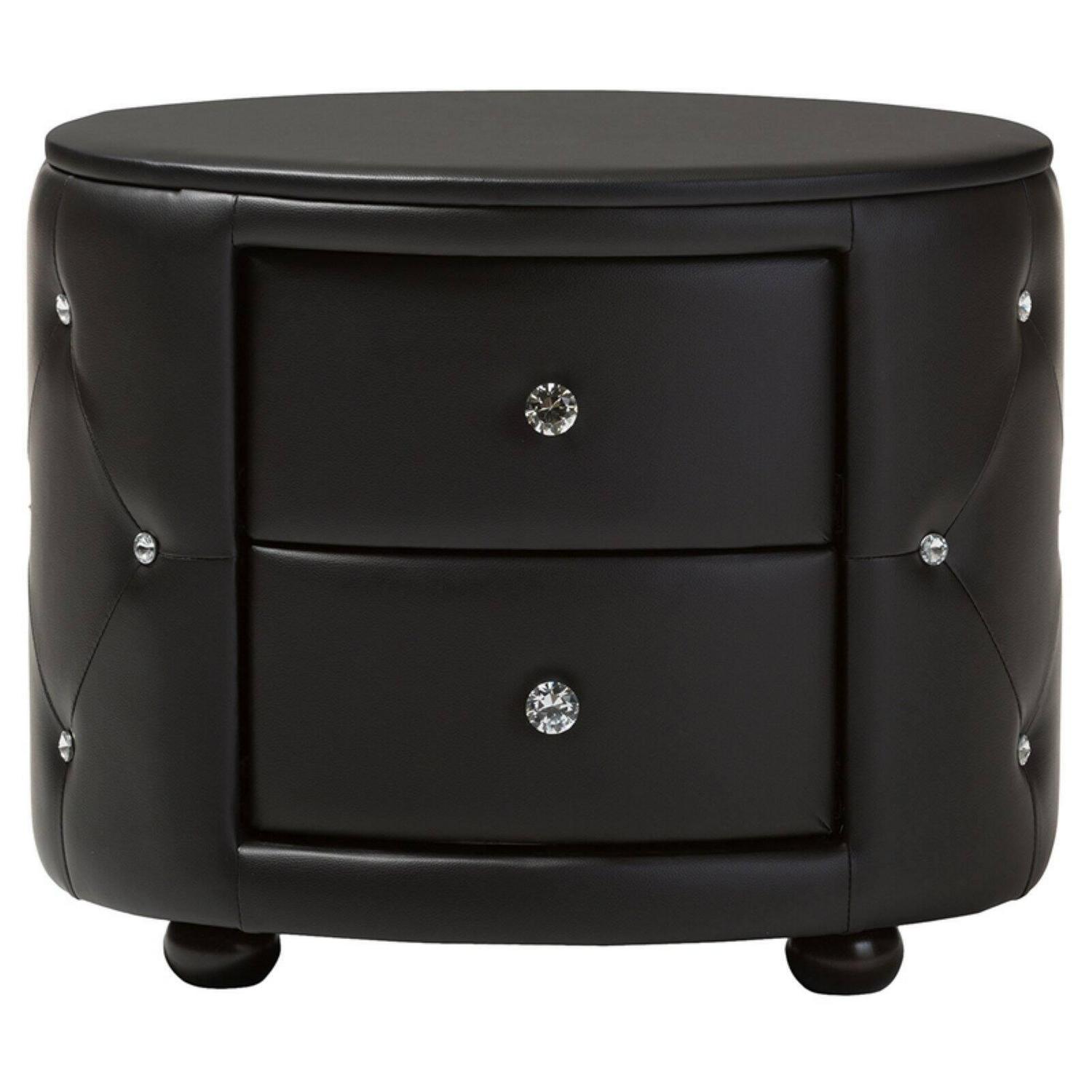 Baxton Studio Davina Hollywood Glamour Style Oval 2  Drawer Faux Leather Upholstered Nightstand  Black