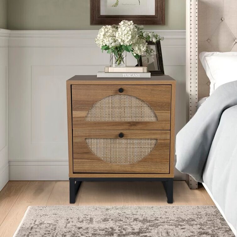 Modern Minimalism Nightstand  Bohemian Wood Bedside Table with Woven Rattan Drawers  Sofa Side Table  Rustic Farmhouse End Table