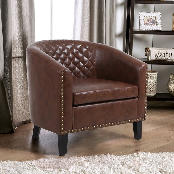 Leisure Pu Leather Accent Barrel Chair Curved Edges Livingroom Chair with Nailheads and Solid Wood Legs