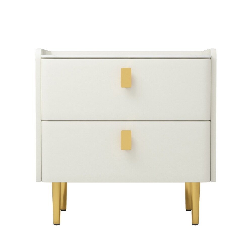 Modern Upholstered Gold plated Metal Nightstand with Stone Tabletop