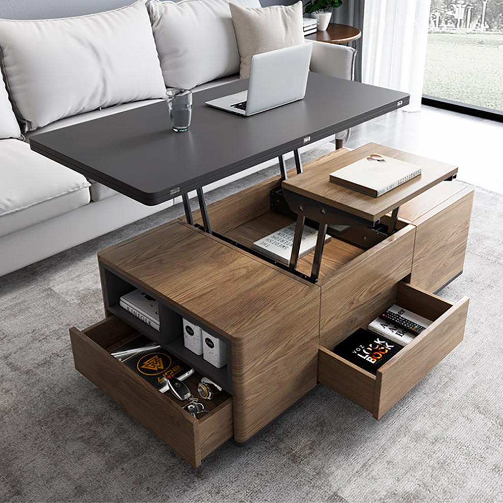 Lift Top Coffee Table Multi Functional Table With 3 Drawers  Walnut/Black   Transitional   Coffee Tables   by Homary International Limited  Houzz