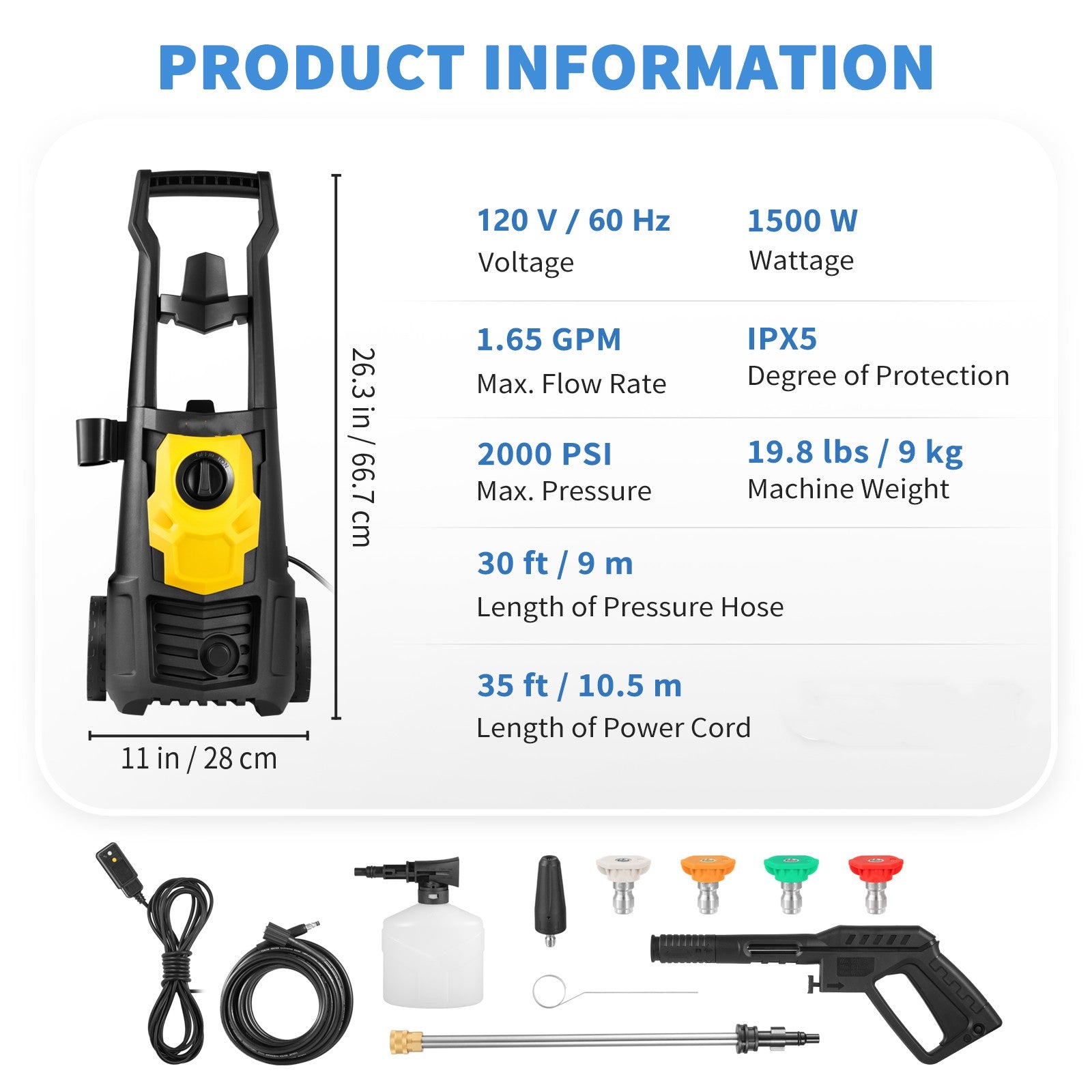 BENTISM Electric Pressure Washer 2000 PSI 1.65 GPM Power w/ 30 ft Hose 5 Nozzles