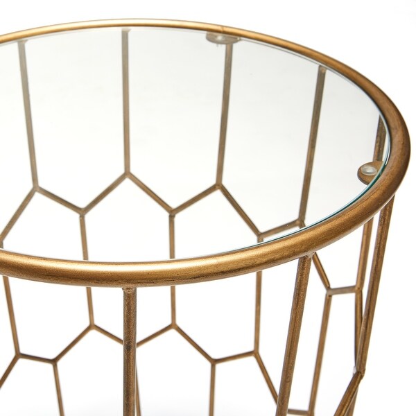 Adore Decor Harper Modern Glass and Metal Side Table， Gold Geometric Decorative Drum