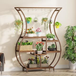 TRIBESIGNS WAY TO ORIGIN Eileen 71 in. Tall Brown Wooden Indoor Plant Stand 6-Tier Bonsai Flower Rack with 10 Hanging Hooks HD-JW0710-HYF