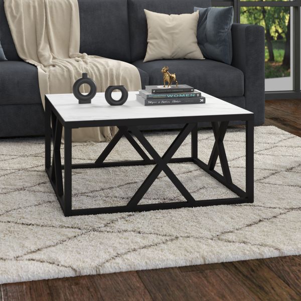 Jedrek 35'' Wide Square Coffee Table with Faux Marble Top in Blackened Bronze