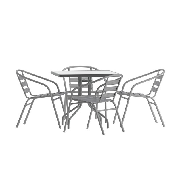 Flash Furniture Lila 31 5 x27 x27 Square Glass Metal Table With 4 Metal Aluminum Slat Stack Chairs