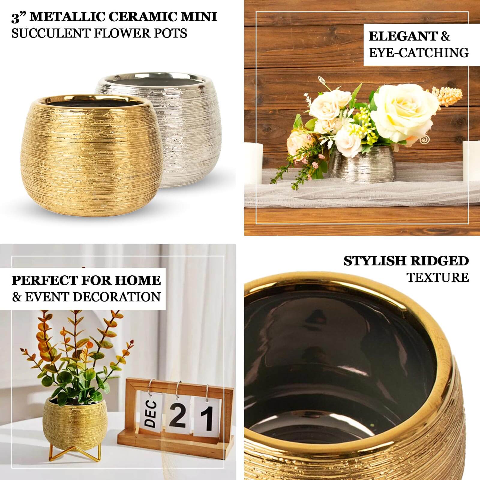 4 Pack Gold Textured Ceramic Flower Vase Pots, Round Brushed Indoor Planters 3