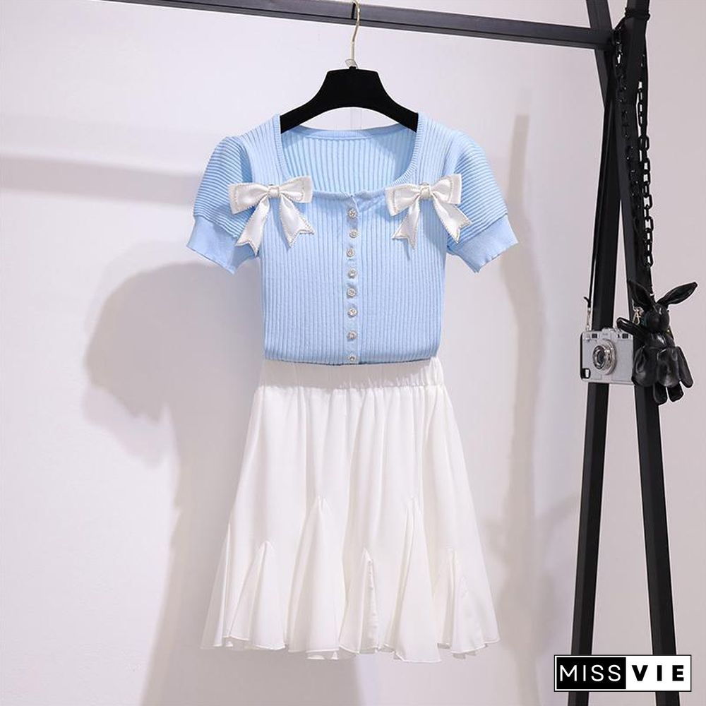 Cute Bowknot Tee+Pleated Skirt P11146