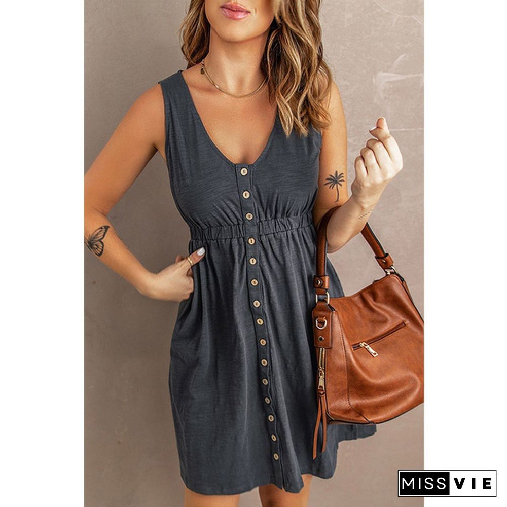 Womens Casual Sleeveless Button Down Elastic Waist Swing Loose Plain Short Dresses Plus Size Tank Tops Dresses