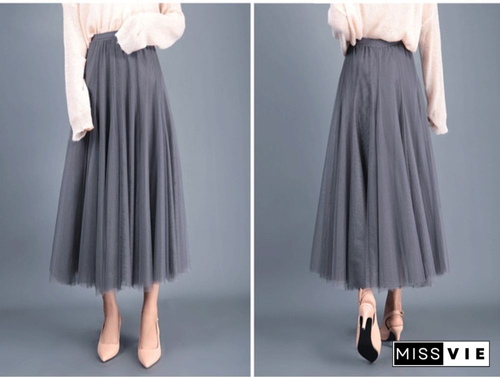 Tulle Skirts Womens Midi Pleated Skirt Black Pink Tulle Skirt Women Spring Summer Korean Elastic High Waist Mesh Tutu Skirt