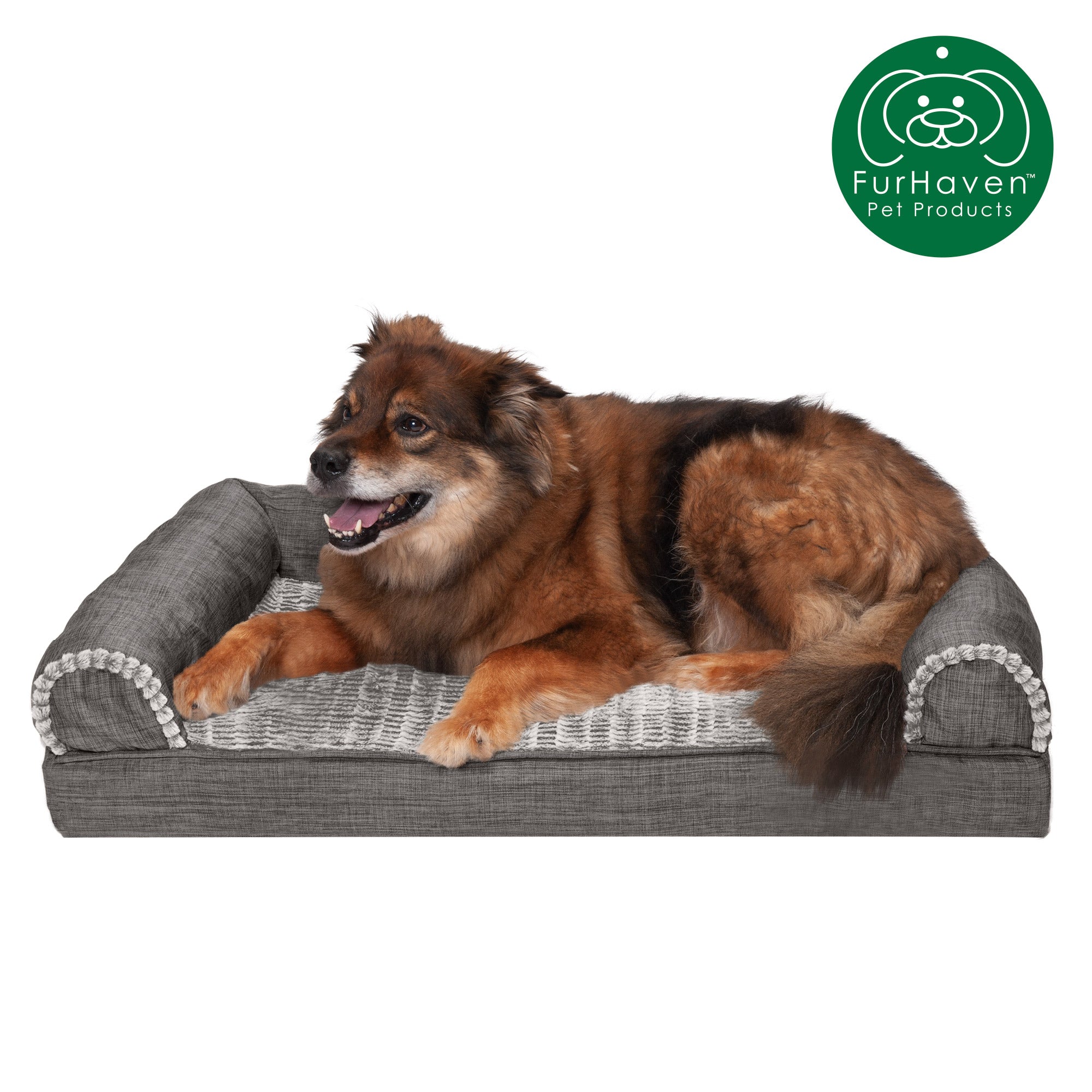 FurHaven Pet Products Cooling Gel Memory Foam Orthopedic Luxe Fur and Performance Linen Sofa-Style Couch Pet Bed for Dogs and Cats， Charcoal， Large