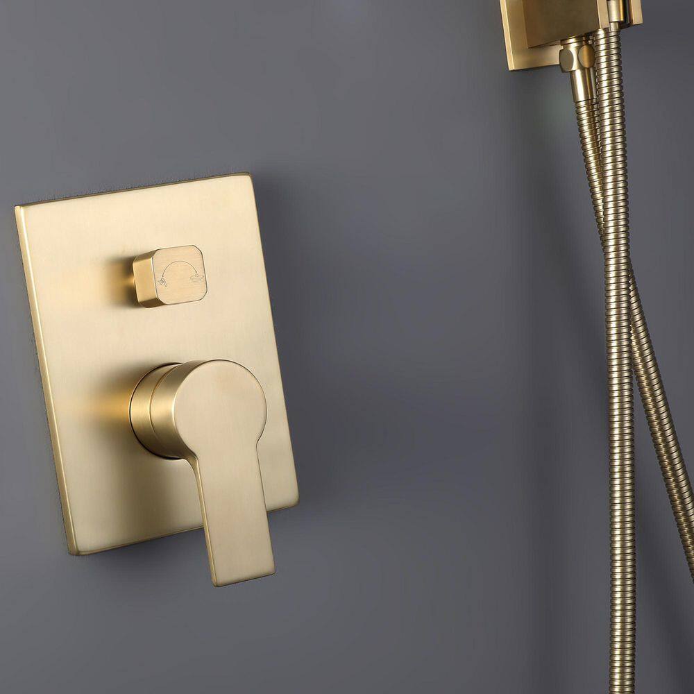 IHOMEadore 1-Spray Square Wall Bar Shower Kit with Hand Shower in Brushed Gold MD-RCS85018BG