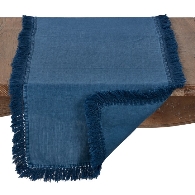 Linen Stonewashed Fringe Table Runner Navy Saro Lifestyle