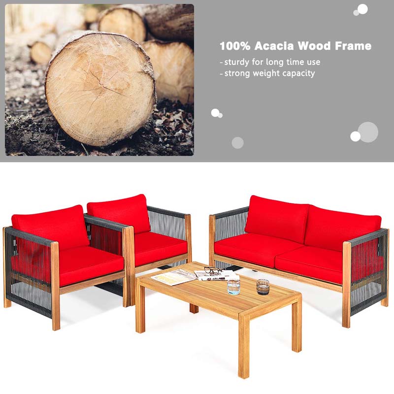 4 Pcs Acacia Wood Outdoor Loveseat Sofa Set with 2 Single Chairs & Coffee Table, Cushions