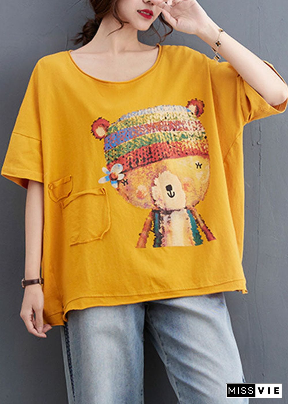 Fashion Yellow Loose O-Neck Print Fall Tees Half Sleeve