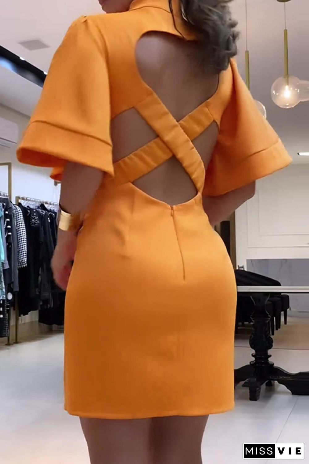 Sexy Simplicity Solid Backless O Neck Wrapped Skirt Dresses