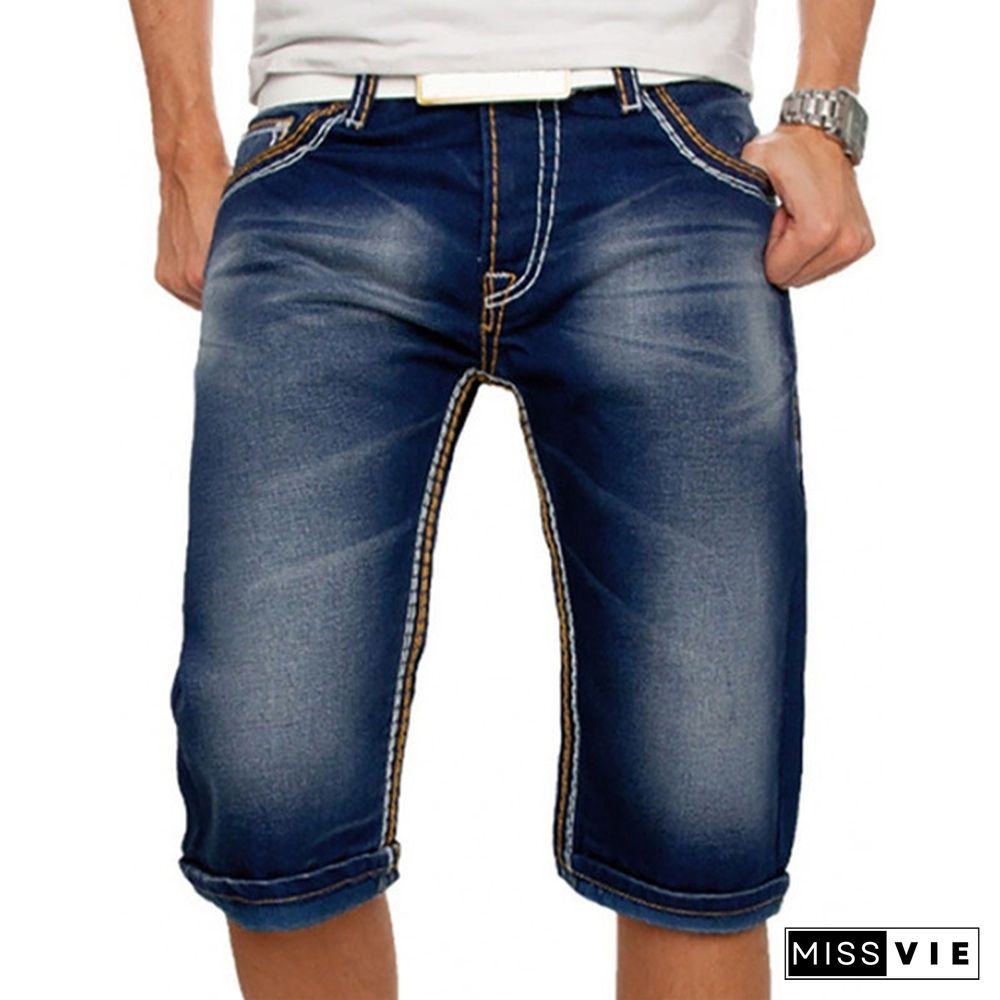 Men's Fashion Denim Shorts Button Closure Slim Fit Five Points Jeans Shorts