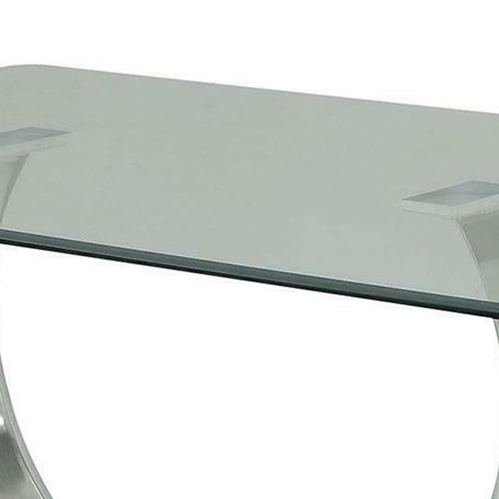 Metal and Glass Dining Table with Unique U Shape Pedestal Base  Chrome and Black