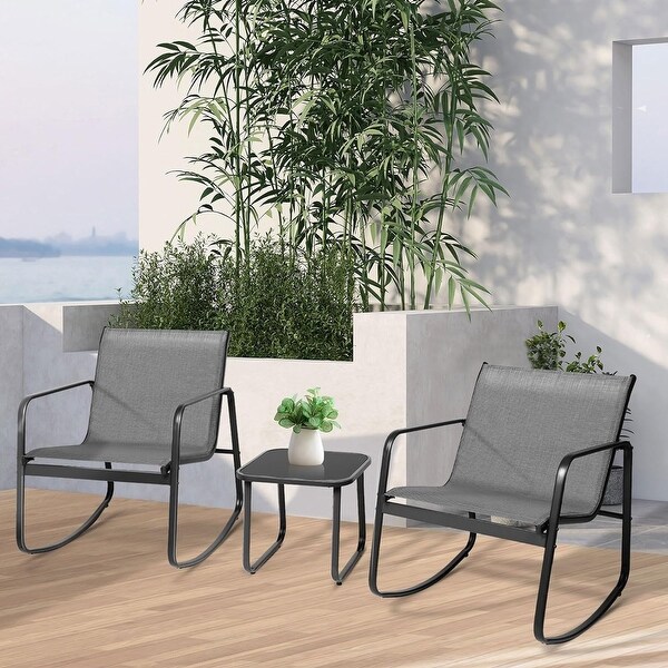 3Piece Outdoor Patio Rocking Chair Bistro Set with Glass Top Coffee Table