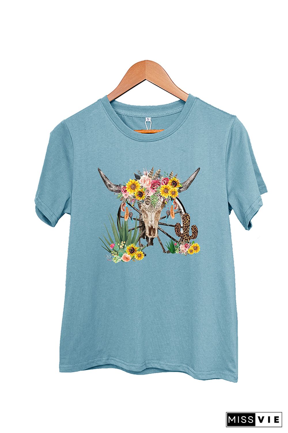 Wastern Cactuswith Rustic Cow Skull Short Sleeve Graphic Tee Wholesale