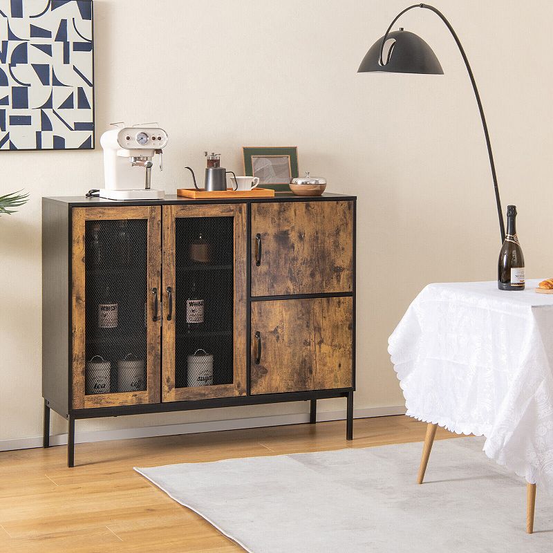 48 Industrial Kitchen Buffet Sideboard with Metal Mesh Doors and Anti-toppling Device-Brown