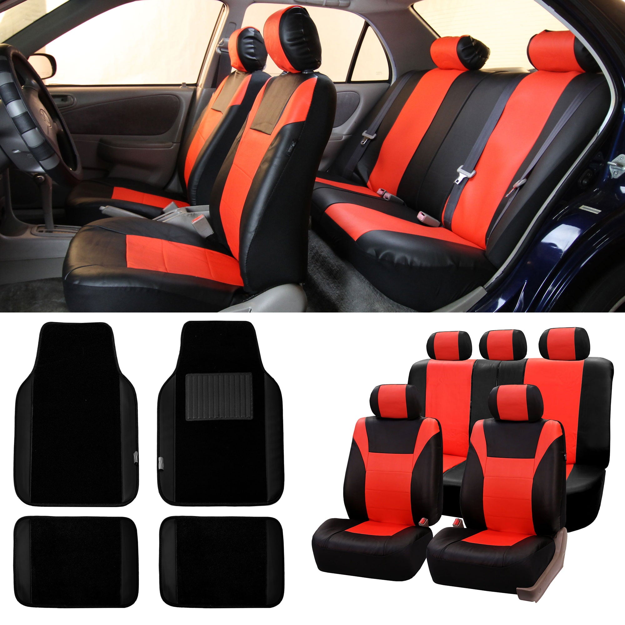 FH Group Racing Faux Leather Airbag Ready Split Bench Car Seat Covers， Full set with Carpet Floor Mats， Tangerine